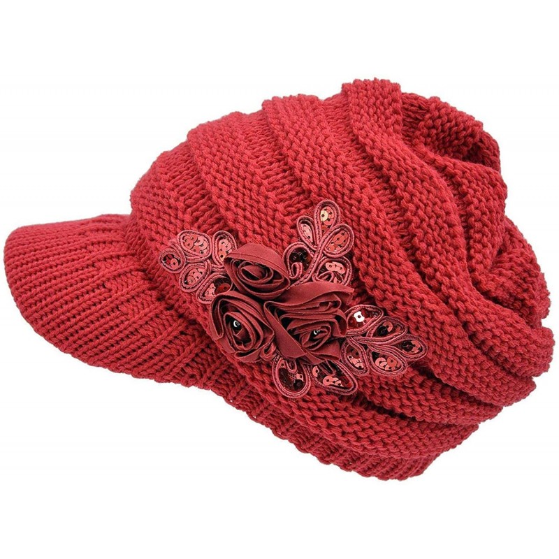 Skullies & Beanies Women Cable Knit Winter Warm Beanie Hats Newsboy Cap Visor with Sequined Flower - Red - CV11GDGUWZ5 $17.76