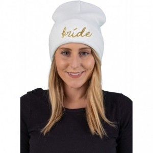 Skullies & Beanies Womens Bride Beanie Warm Knit Embroidered Bride Tribe Skull Cap Hat - Bride - White/Gold Script - CD194T4C...