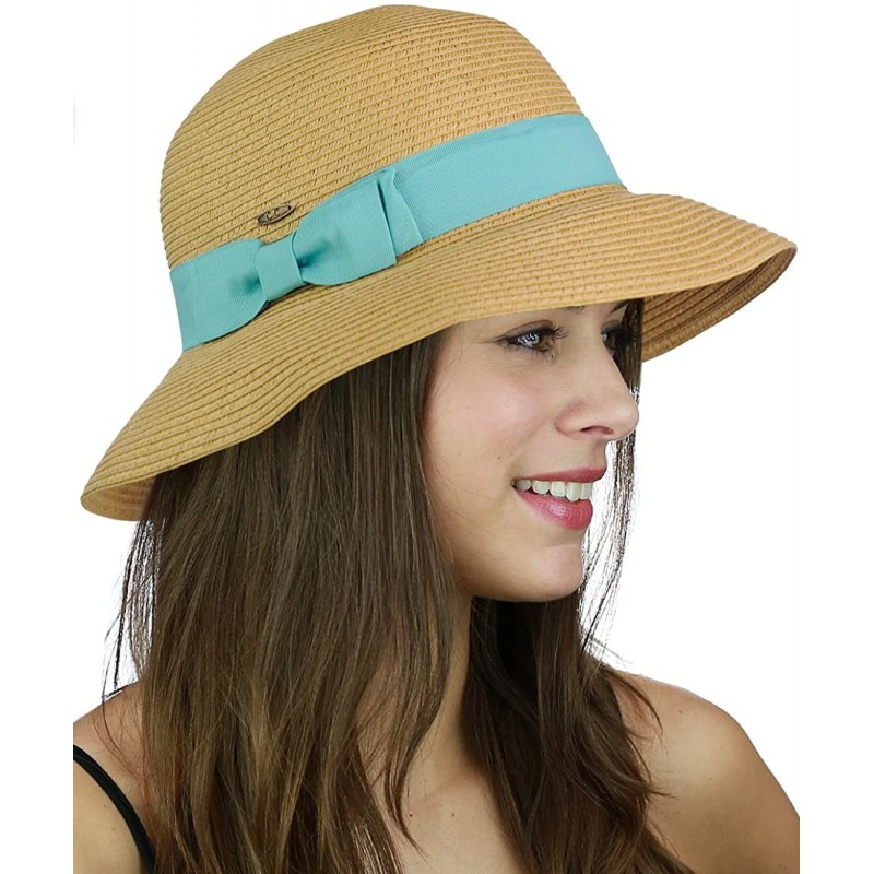 Bucket Hats Women's Paper Woven Cloche Bucket Hat with Color Bow Band - Mint - CH183R3NS64 $25.38