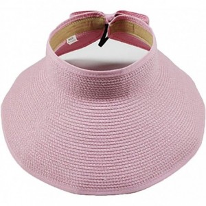 Sun Hats Women's Summer Foldable Straw Sun Visor w/Cute Bowtie UPF 50+ Packable Wide Brim Roll-Up Visor Beach Hat - Pink - CR...