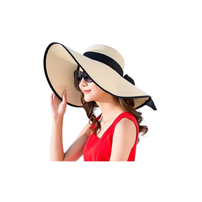 Sun Hats Women's Big Brim Sun Hat Floppy Foldable Bowknot Straw Hat Summer Beachwear Cap- Khaki - Khaki - CU18RARH5RO $20.50