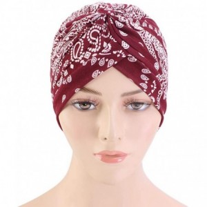 Skullies & Beanies New Women's Cotton Turban Flower Prints Beanie Head Wrap Chemo Cap Hair Loss Hat Sleep Cap - Wine - CS1943...