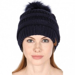 Skullies & Beanies Beanie for Women - Fur Pom Pom Hat Beanie hat for Women- Soft Warm Cable Winter Hats for Women - Fur Navy ...
