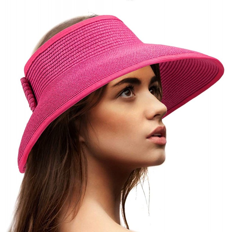 Sun Hats Foldable Sun Visors for Women - Beach Hat Wide Brim Sun Hat Roll-Up Straw Hat - C618SZKQDCM $25.89