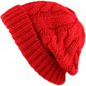 Skullies & Beanies Winter Big Slouchy Chunky Thick Stretch Knit Beanie Fleece Lined Beanie Without Pom Hat - 2. Curly Red - C...