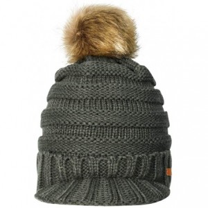 Skullies & Beanies Womens Winter Warm Ribbed Beanie Hat with Brim- Girls Knit Visor Pom Pom Ski Cap - Agate Green - CD18AQY26...
