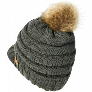 Skullies & Beanies Womens Winter Warm Ribbed Beanie Hat with Brim- Girls Knit Visor Pom Pom Ski Cap - Agate Green - CD18AQY26...