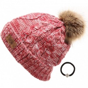 Skullies & Beanies Women's Winter Fleece Lined Cable Knitted Pom Pom Beanie Hat with Hair Tie. - Multi Pink - CD18LXH3CSH $28.11