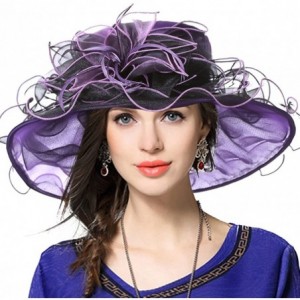 Sun Hats Kentucky Derby Hat Wide Brim Flounce Cocktail Tea Party Bridal Dress Church Hat - Purple - CG12LT4GSD5 $50.89