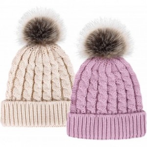 Skullies & Beanies Womens Winter Hand Knit Faux Fur Pompoms Beanie Hat - Cream/Lilac - C618DWDC5XS $35.06