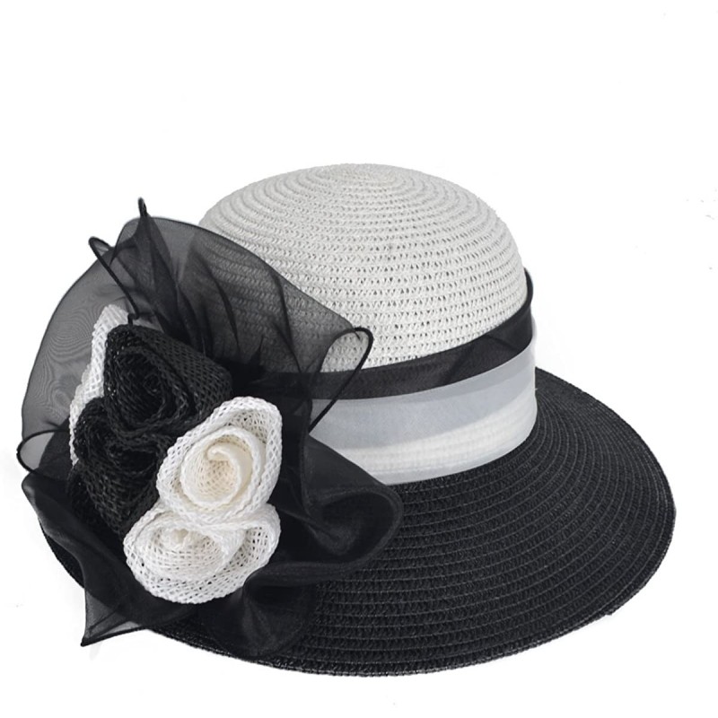 Bucket Hats Women's Straw Cloche Hat Ribbon Flower Bucket Bridal Church Derby Cap - Black - CW12LT2WERV $41.54