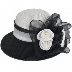 Bucket Hats Women's Straw Cloche Hat Ribbon Flower Bucket Bridal Church Derby Cap - Black - CW12LT2WERV $44.35