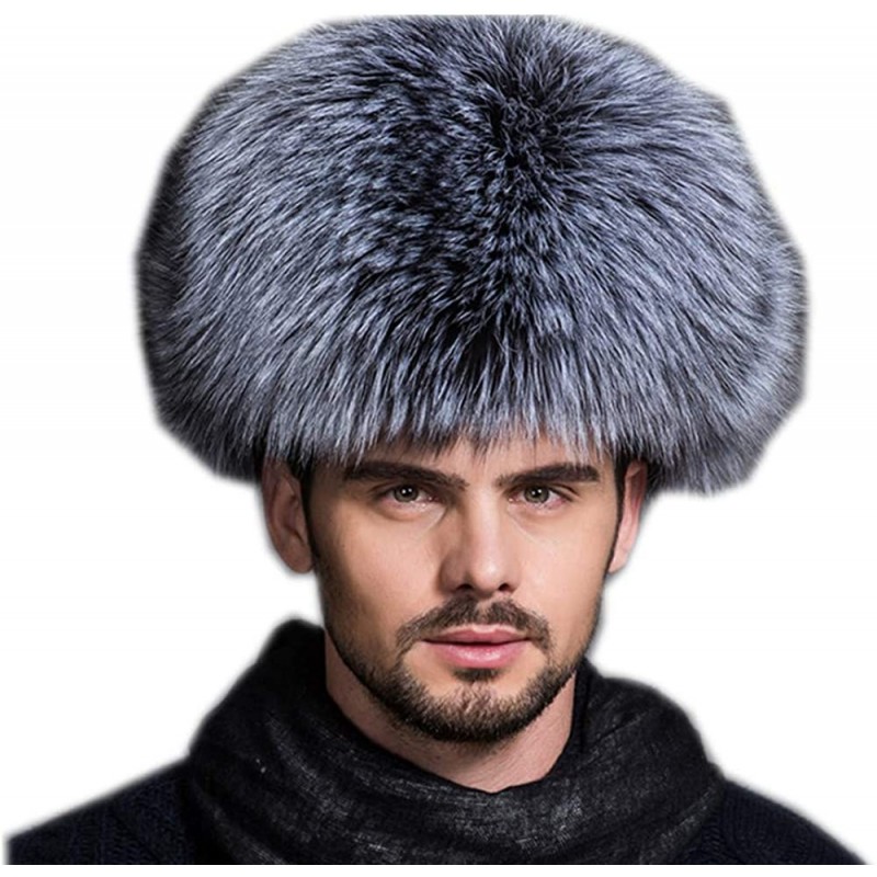 Bomber Hats Mens Winter Hat Real Fox Fur Genuine Leather Russian Ushanka Hats - Silver Fox - CM18I3ZQ8D8 $92.25
