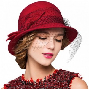 Fedoras Women's Vintage Fedoras Wool Felt Veil Hat - Red - CG128NIYLPR $74.65