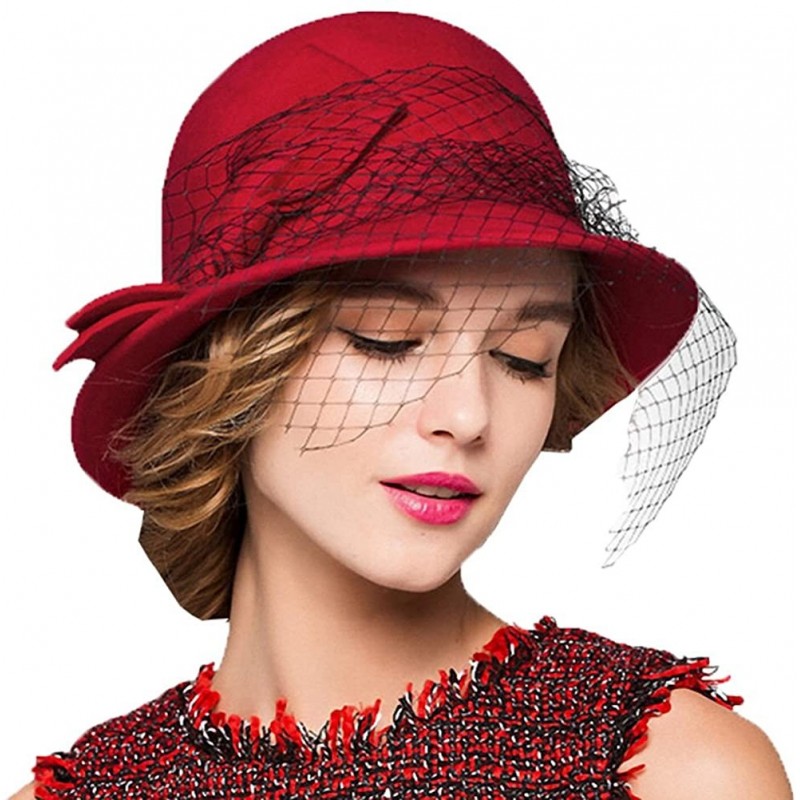 Fedoras Women's Vintage Fedoras Wool Felt Veil Hat - Red - CG128NIYLPR $71.13