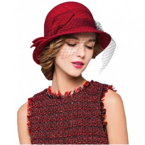 Fedoras Women's Vintage Fedoras Wool Felt Veil Hat - Red - CG128NIYLPR $71.13