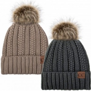 Skullies & Beanies Thick Cable Knit Hat Faux Fur Pom Fleece Lined Cap Cuff Beanie 2 Pack - Dk Melange/Taupe - CD1924ZU73Q $56.60
