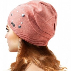 Skullies & Beanies Wool Slouchy Beanie Hat for Women Double Layers Skull Caps Rivets Curly Backside - Pink - CF187LI6350 $40.60
