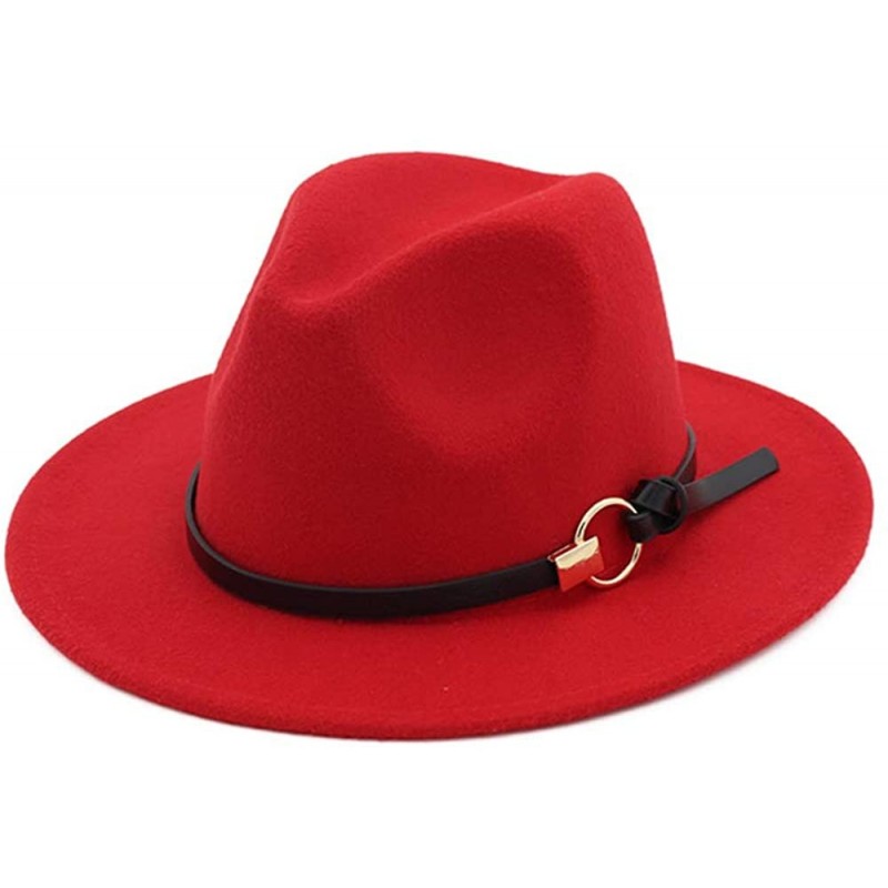 Fedoras Dantiya Men & Women Vintage Wide Brim Felt Fedora Hat Wide Brim Panama Hats with Belt Metal Buckle - Red - CM18Y0A23X...