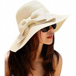 Sun Hats Womens Bowknot Straw Hat Floppy Wide Brim Roll up Sun Hat Beach Cap UPF 50+ - B-beige - CB18C9RCCND $30.86