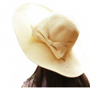 Sun Hats Womens Bowknot Straw Hat Floppy Wide Brim Roll up Sun Hat Beach Cap UPF 50+ - B-beige - CB18C9RCCND $28.32