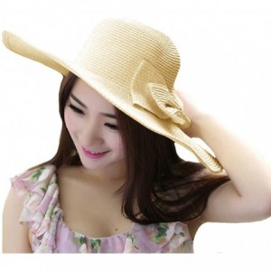 Sun Hats Womens Bowknot Straw Hat Floppy Wide Brim Roll up Sun Hat Beach Cap UPF 50+ - B-beige - CB18C9RCCND $27.96