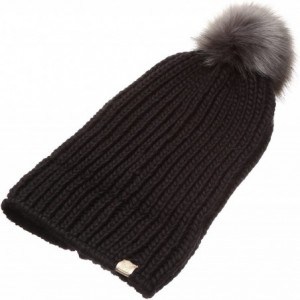Skullies & Beanies Women's Winter Solid Ribbed Knitted Beanie Hat with Faux Fur Pom Pom - Black - CU185UT7WXK $20.16
