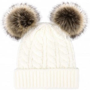 Skullies & Beanies Women Winter Cable Knit Fleece Lined Warm Pom Pom Beanie Hat - Double Pom_white _Twist - CH18TECSON6 $26.24