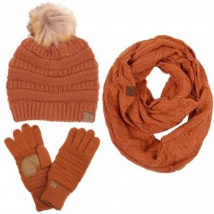 Skullies & Beanies 3pc Set Trendy Warm Chunky Soft Stretch Cable Knit Pom Pom Beanie- Scarves and Gloves Set - Rust - C118H77...