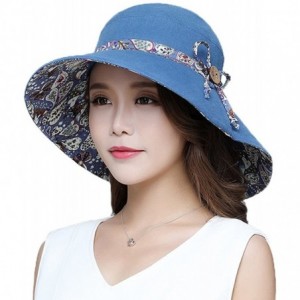 Bucket Hats Womens Wide Brim Floppy Sun Hat Reversible Summer Beach Hats with Detachable Bowknot - Blue - 1 - CK188L0N03G $22.82