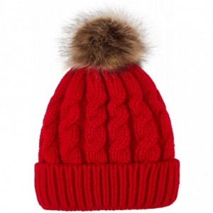 Skullies & Beanies Women's Winter Soft Knitted Beanie Hat with Faux Fur Pom Pom - Red - CQ18M37H2ZU $17.75