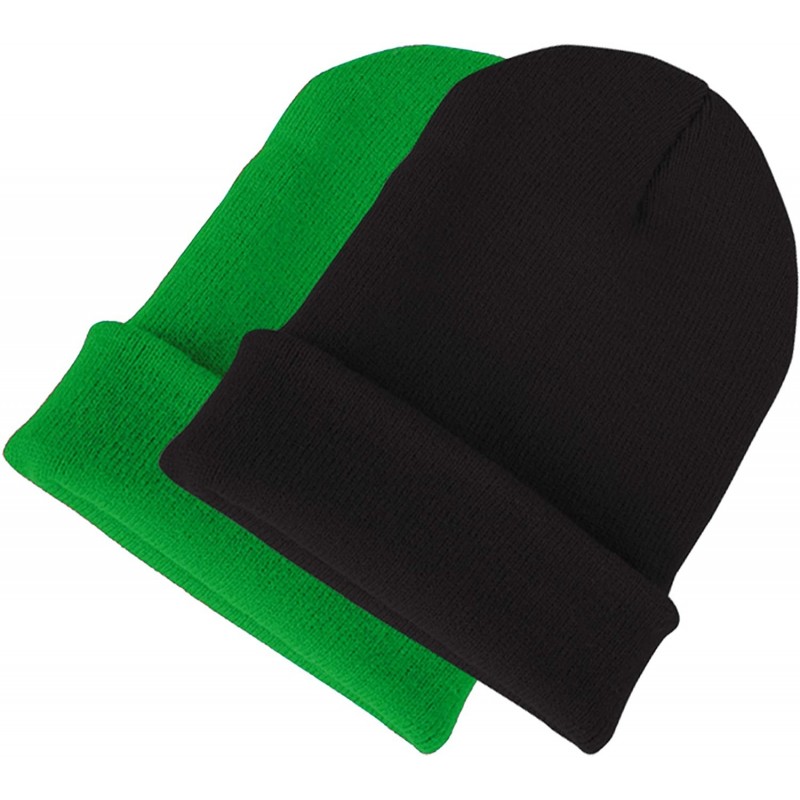 Skullies & Beanies Mens Thick Beanie Hats Solid Color Knit Soft Warm Unisex Beanie Cap - Black+green - C218Z2L3RIM $20.83