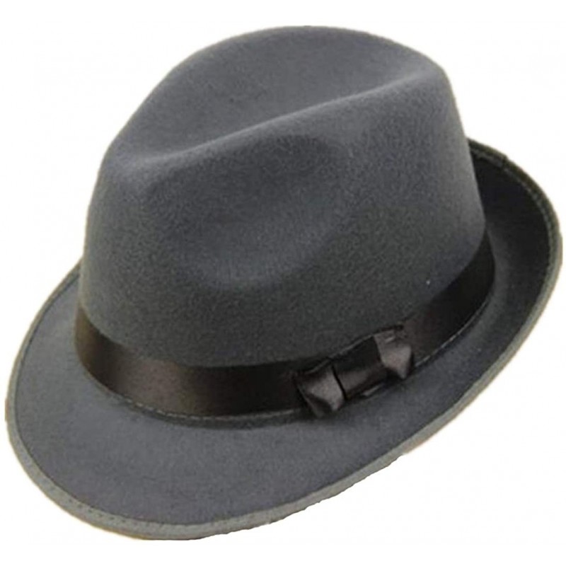 Fedoras Wool Felt Fedora Hats for Men Classic Wide Brim Jazz Cap Trilby Hat with Black Bowknot Band - Gray - CP18OTEY7RE $49.63