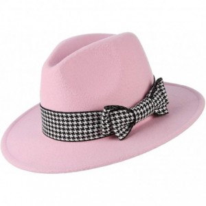 Fedoras Women Vintage Felt Fedora Hat Big Bow Wide Brim Panama Hat Church Derby Hat Pink - Pink2 - C818QX74O8K $22.36