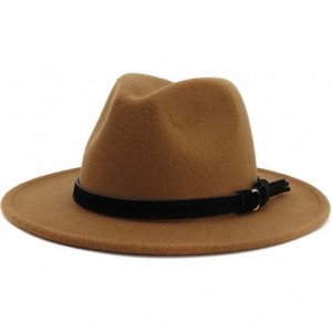Fedoras Men & Women Vintage Wide Brim Fedora Hat with Belt Buckle - Black Belt-khaki - CC18WNDN57S $45.40
