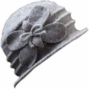 Berets Women 100% Wool Solid Color Round Top Cloche Beret Cap Flower Fedora Hat - 2 Grey - CV186WY0L9N $33.06