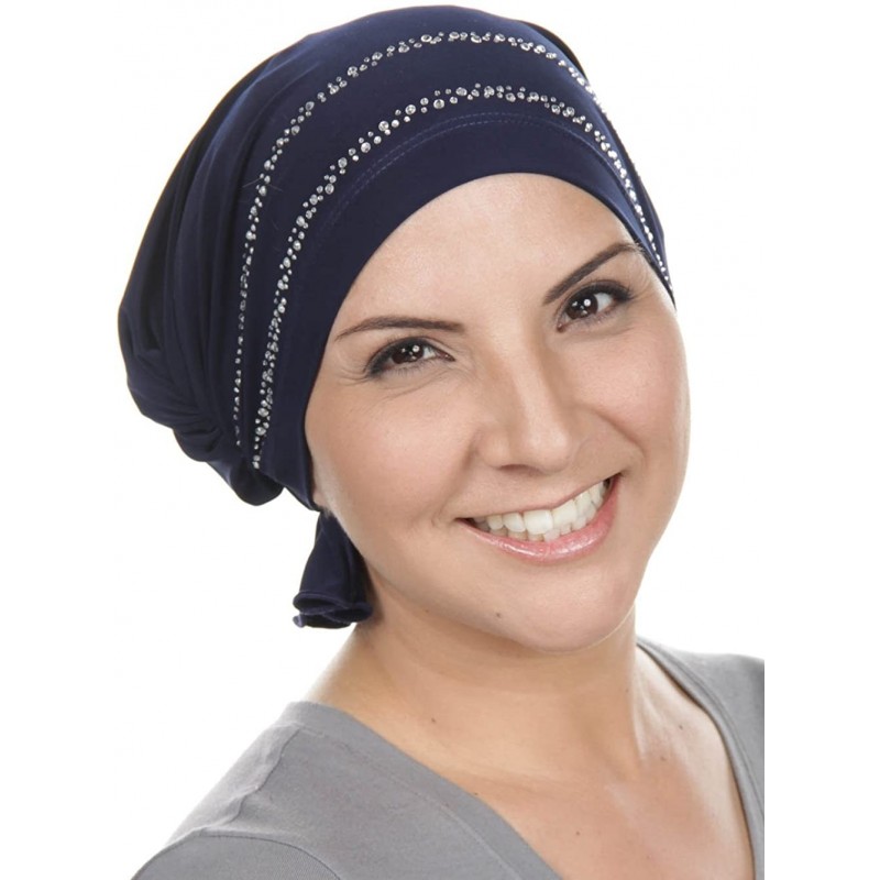 Skullies & Beanies The Abbey Cap with Rhinestones Chemo Caps Cancer Hats for Women - 06 -Navy Blue W/Clear Crystal Double Tri...
