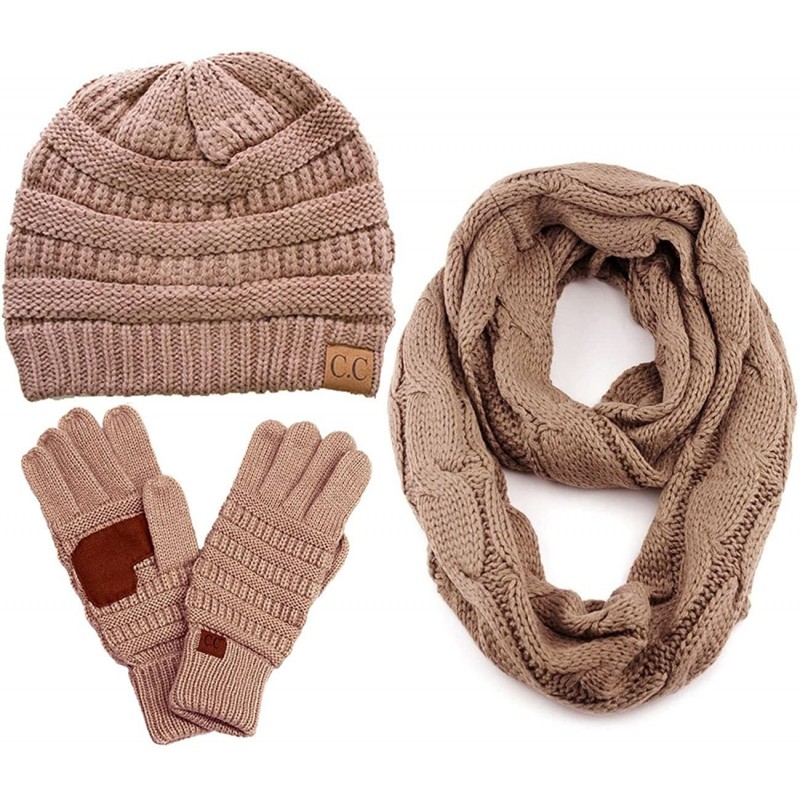 Skullies & Beanies 3pc Set Trendy Warm Chunky Soft Stretch Cable Knit Beanie Scarves Gloves Set - Taupe - CN187GO73XG $83.39