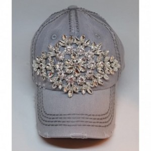 Baseball Caps Women's Large Horizontal Crystal Flower Distressed Baseball Cap - Light Grey - CS1849SR77Y $84.55